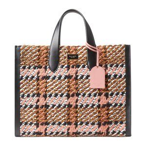 Kate Spade Manhattan Plaid Chunky Woven Fabric Large Tote Leather Straps & Tag p